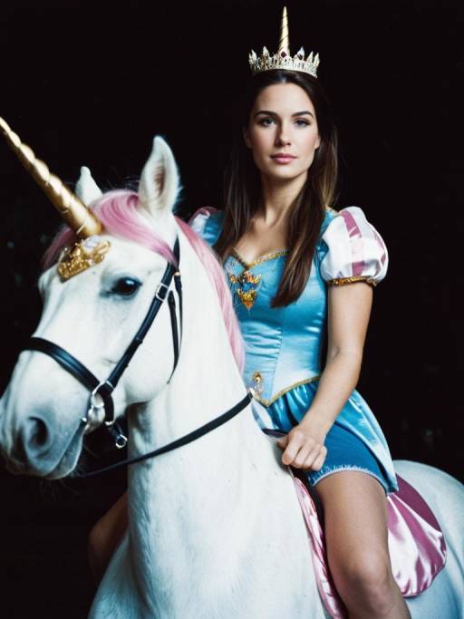 Woman in Princess Costume Riding Unicorn