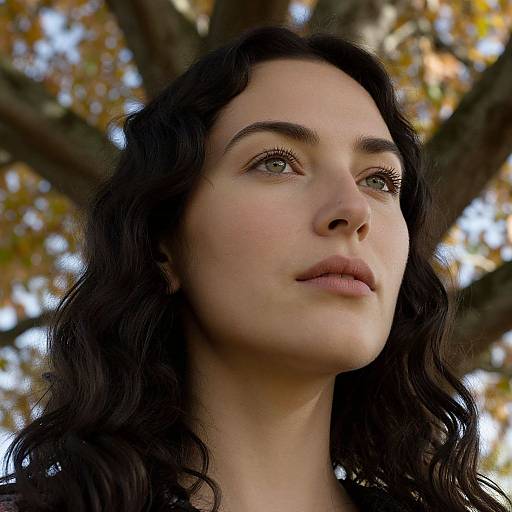 Close-up photograph of a fair-skinned woman with wavy dark brown hair, green eyes, and subtle makeup, looking upward through a tree's branches