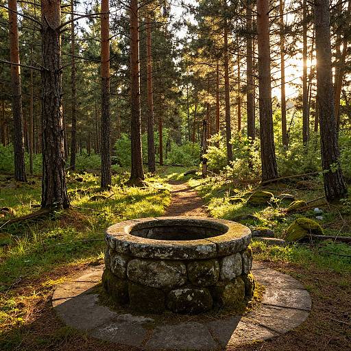Photograph of a moss-covered stone well in a sunlit, dense forest with tall pine trees and vibrant green underbrush.