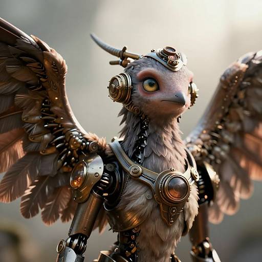 Digital art of a robotic, feathered griffin with metallic wings, gears, and mechanical eyes, set against a blurred, sunlit background.