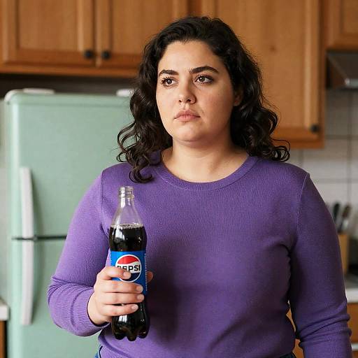 Serious Woman in Kitchen with Pepsi