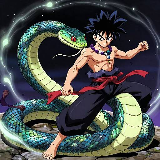 Anime-style digital artwork of a muscular, shirtless boy with spiky black hair, wearing black pants and red sash, standing with a large,
