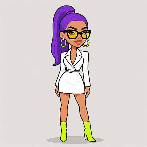 Digital cartoon of a confident woman with purple ponytail, yellow glasses, large hoops, white blazer dress, and neon yellow boots.