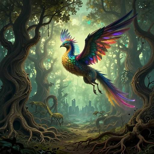 Digital fantasy artwork of a vibrant, multicolored phoenix with rainbow feathers soaring through a mystical, twisted forest with glowing sunlight.