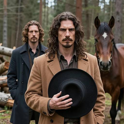 Two Men with Horse in Forest