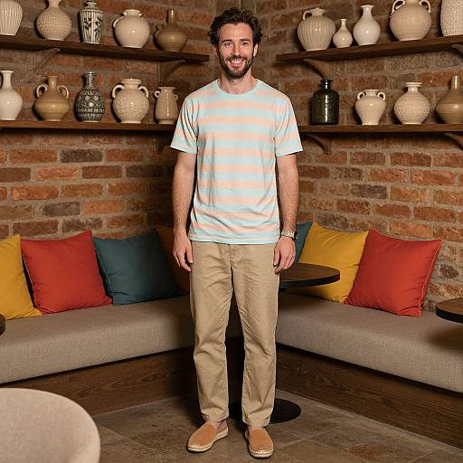 Photograph of a smiling man with curly hair and beard, wearing a white striped shirt, beige pants, and brown shoes, standing in a rustic room