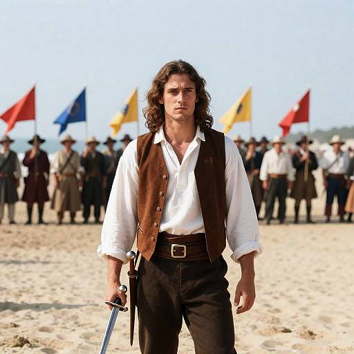 Man in Historical Outfit Holding Sword on Beach