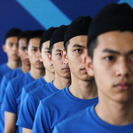 Line of Young Men Wearing Blue Shirts and Black Hats