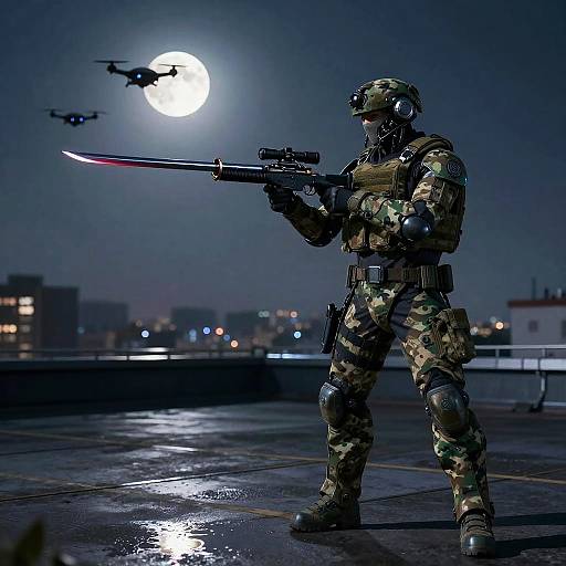 Cybernetic Sniper on Rooftop with Katana