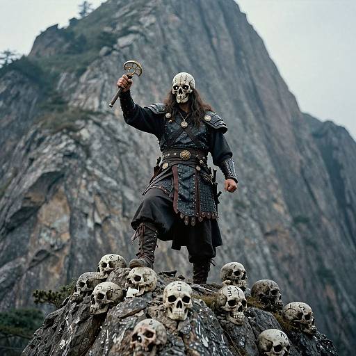 Photograph of a warrior with a skull mask, black armor, and long hair, standing on a pile of skulls against a rocky mountain backdrop, holding