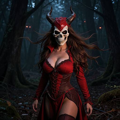 Photograph of a woman in a dark forest, wearing a red dress, black lace, skull mask with horns, and long brown hair, exuding