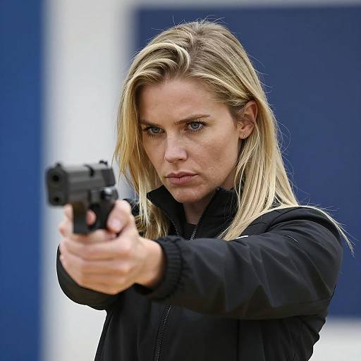 Focused Blonde Woman with Handgun