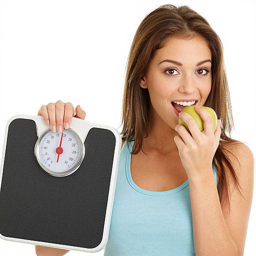 Young Woman Eating Apple with Scale