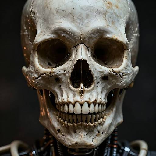 Photograph of a detailed, weathered human skull with dark eye sockets and nasal cavity, cracked surface, and exposed teeth, set against a black background