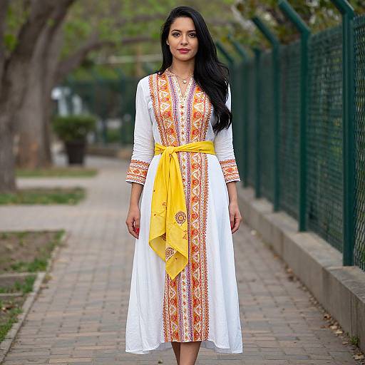 Photograph of a dark-haired woman in a white, long-sleeve, embroidered dress with orange patterns, yellow belt, standing on a tree-lined