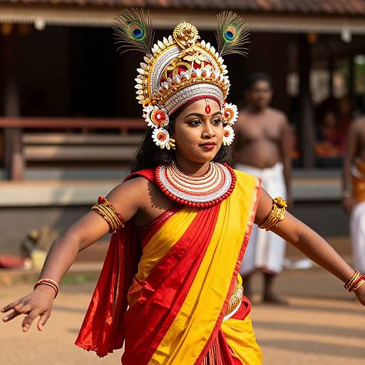 Indian dancer in vibrant red and yellow sari, adorned with peacock feather headdress and intricate jewelry, performing outdoors. Blurred background. Photoreal