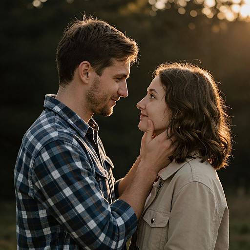 Photograph of a smiling couple in soft evening light; man in blue plaid shirt gently holds woman's face, she wears beige jacket. Background is