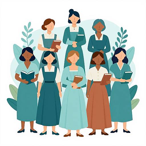 Illustration of diverse women in teal and light blue dresses holding books, standing in front of green leafy plants. Group includes light and dark-skinned