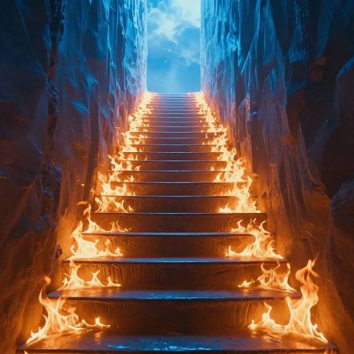 Photograph of a stairway with intense orange flames on each step, leading up to a bright blue light at the top.