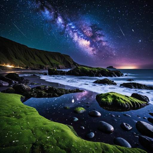 Mystical Beach Under Starry Night Sky
