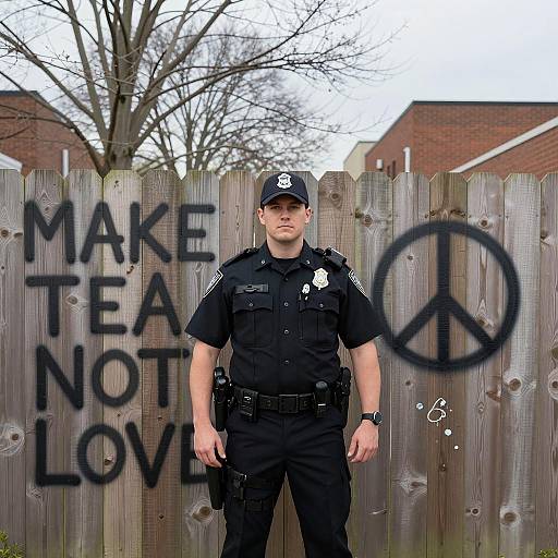 Police Officer Standing by Graffiti Fence