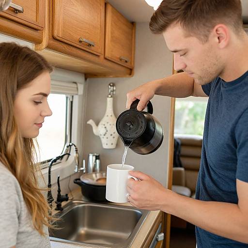 Pouring Hot Water in RV Kitchen