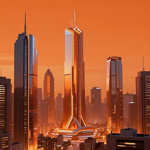 Futuristic Cityscape Under Orange Sky