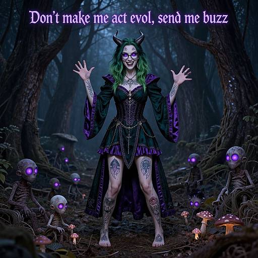 Digital fantasy artwork: Green-haired demon woman with horns, tattoos, black corset, and cape, surrounded by glowing mushrooms and small purple-eyed creatures,