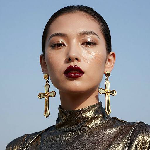 Photograph of an East Asian woman with slicked-back hair, wearing metallic black leather, deep red lipstick, and large gold cross earrings, against a
