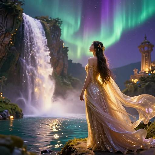 Elegant woman in shimmering, golden gown stands by glowing waterfall, watching vibrant aurora borealis; magical, ethereal landscape. Digital fantasy art