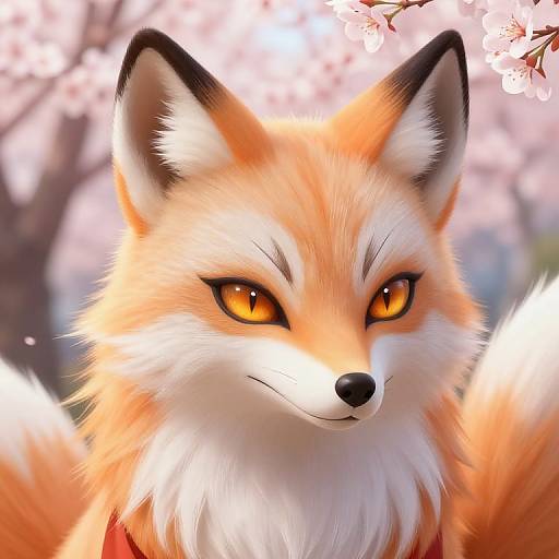 Digital painting of a realistic, anthropomorphic fox with vibrant orange fur, large amber eyes, and white chest, set against a blurred cherry blossom background.