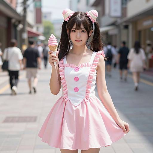Photograph of an Asian girl with black pigtails, wearing a pink and white frilled dress, holding a pink ice cream cone, in a