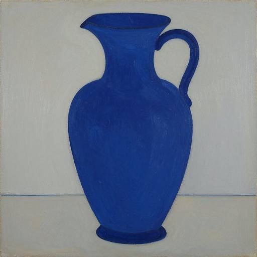 Blue ceramic vase with a handle, centered in a minimalist white background, rendered in a simple, bold, and monochromatic style.