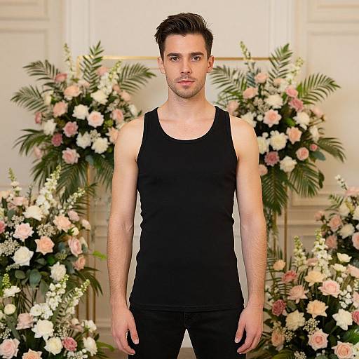 Photograph of a young, fair-skinned man with short, dark brown hair, wearing a black tank top and black pants, standing in front of