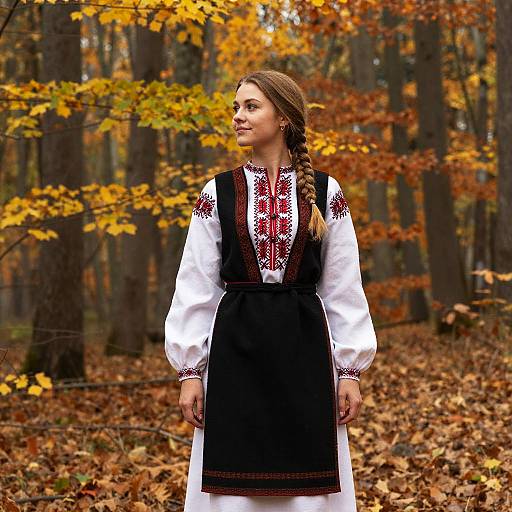 Photograph of a young Caucasian woman with braided brown hair, wearing a white blouse and black embroidered apron, standing in an autumn forest with orange