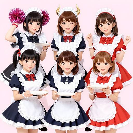 Digital anime-style illustration of six cute Japanese maid girls in black and red uniforms, white aprons, and varying hairstyles, posing cheerfully against a white