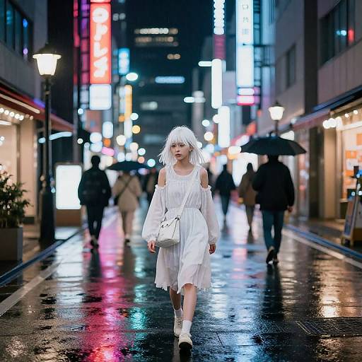 Photograph of a white-haired woman in a white off-shoulder dress and boots walking on a neon-lit, rain-soaked urban street,