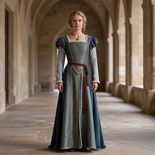 Photograph of a blonde woman in a medieval-style blue gown with puffed sleeves and a red sash, standing in a stone corridor with arched