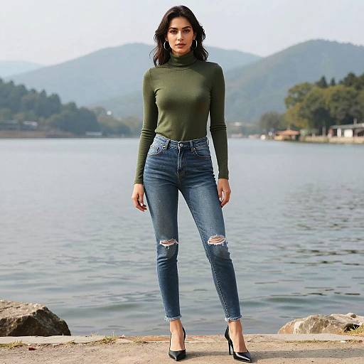 Chic Casual Woman by Mountain Lake