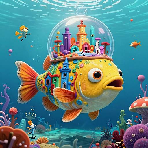 Vibrant digital illustration of a colorful fish with a miniature, whimsical castle inside a glass dome, swimming in a lively underwater scene with various fish
