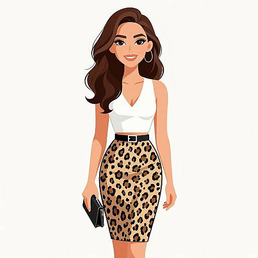 Digital illustration of a smiling woman with long brown hair, wearing a white sleeveless top, leopard print pencil skirt, black belt, hoop earrings, and