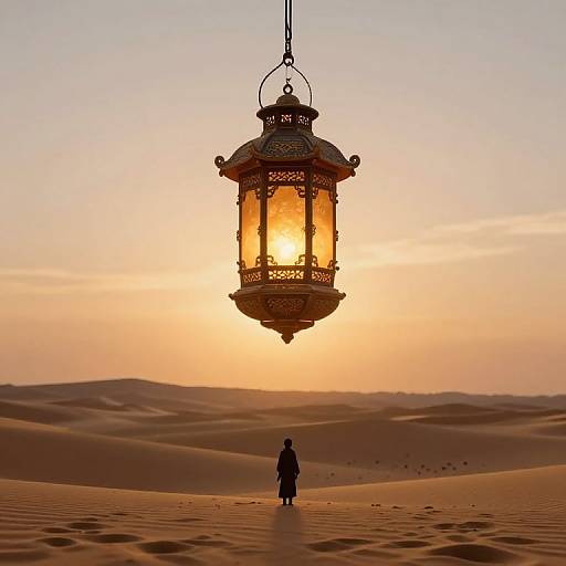 Photograph of a lone figure in a desert at sunset, standing beneath a glowing, ornate lantern suspended by a chain.