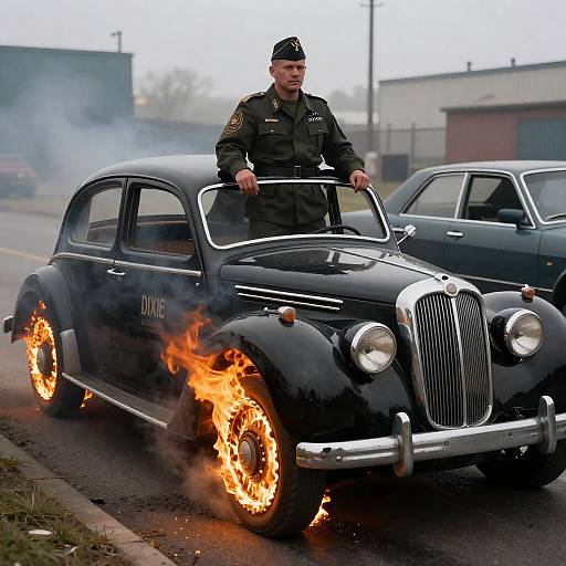 Confident Soldier Amidst Vintage Car Inferno