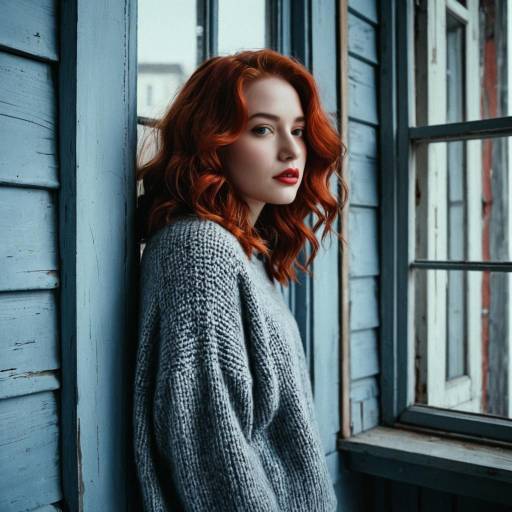 Red-haired woman in cozy sweater by window