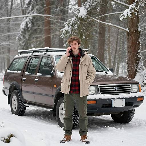 Man in Snowy Forest with Pickup Truck