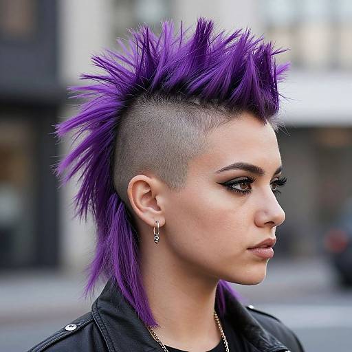 Photograph of a white woman with purple spiked mohawk, shaved sides, black eyeliner, black jacket, silver earring, urban background.
