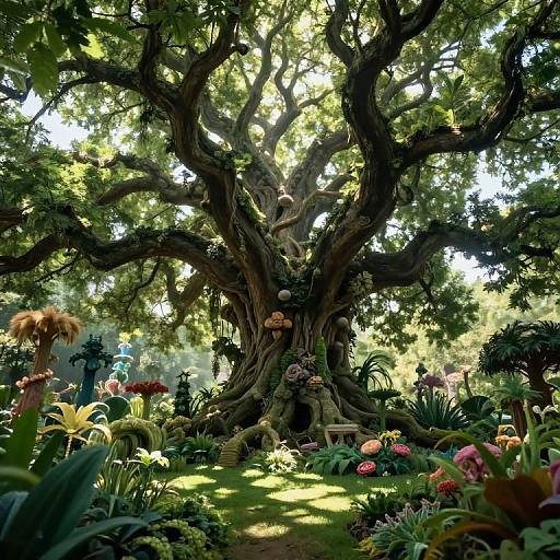 Photograph of a lush, enchanted garden with a massive, twisted tree at center, surrounded by colorful flowers and dense greenery. Sunlight filters through