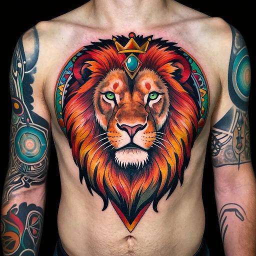 Tattooed shirtless man with vibrant lion chest tattoo, green eyes, gold crown with turquoise gem, colorful mane, and intricate arm tattoos.