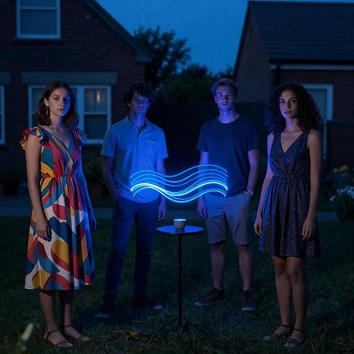 Photograph of four young adults standing in front of a glowing, blue neon wave light in a suburban backyard at dusk.