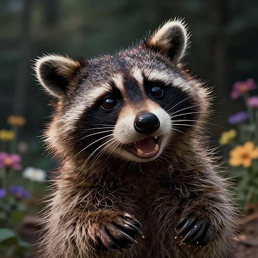 Photograph of a cute, fluffy raccoon with black and white masked face, bright eyes, and small ears, standing in a garden with colorful flowers